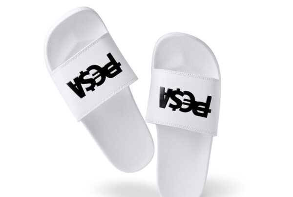 White Pesa Brand sandals photographed on white