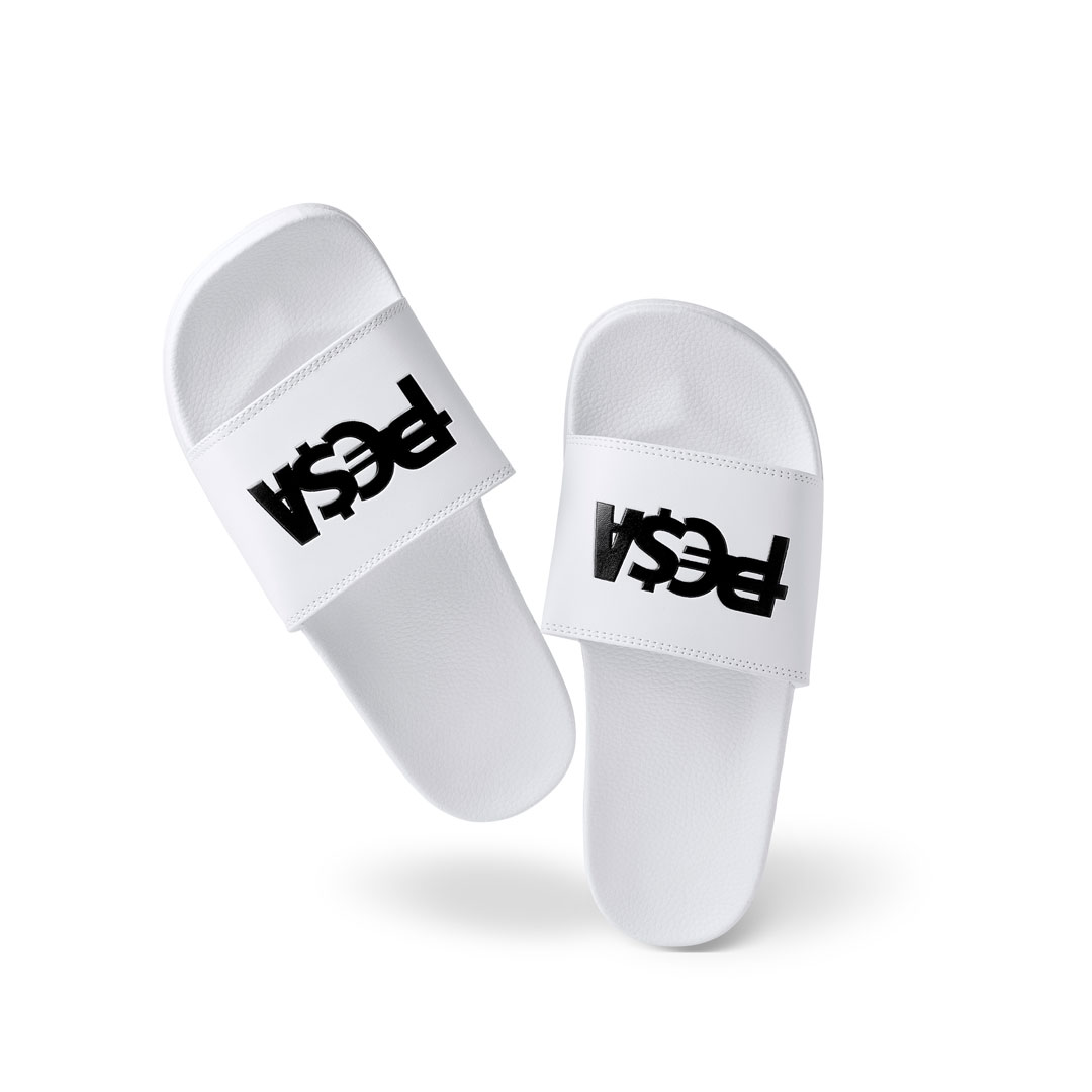 White Pesa Brand sandals photographed on white