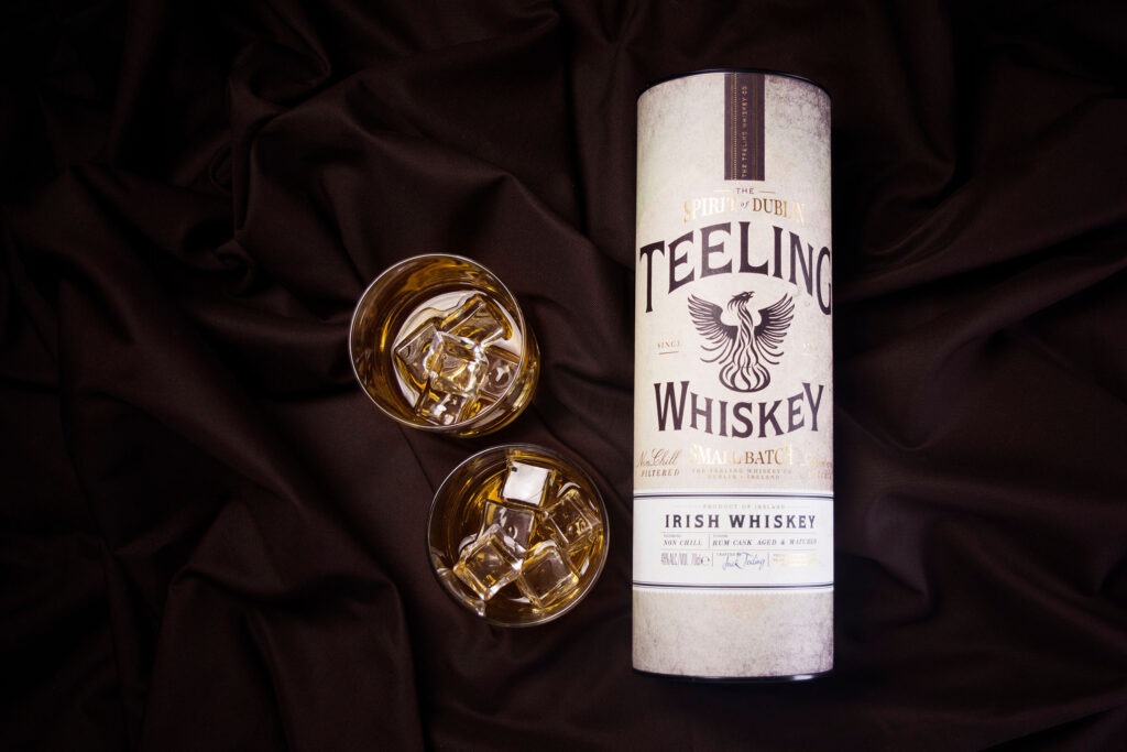 Teeling whiskey in glasses & with the packaging