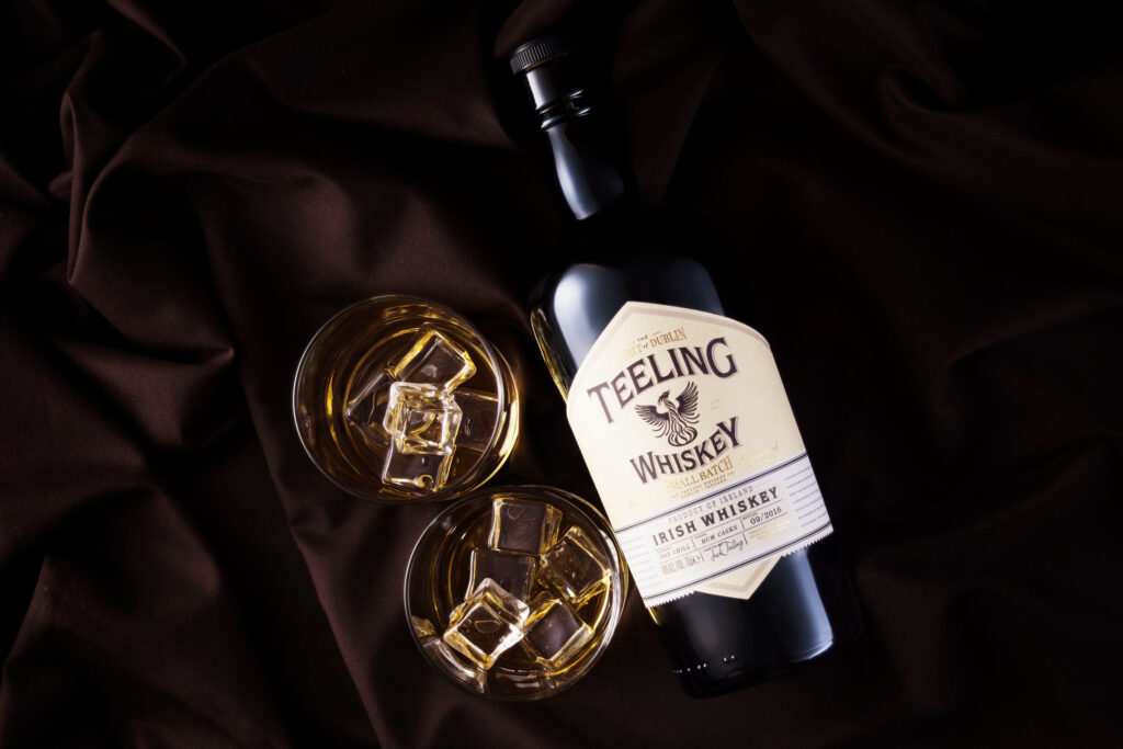 Teeling whiskey in glasses and the bottle