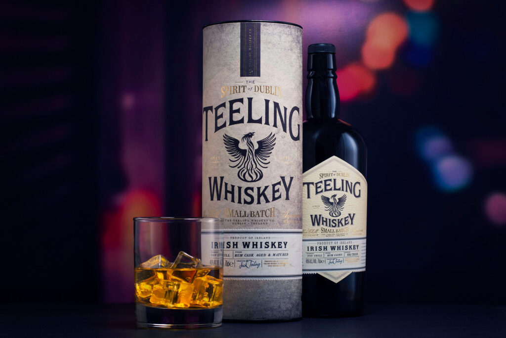 Teeling whiskey shot with bokeh in the background