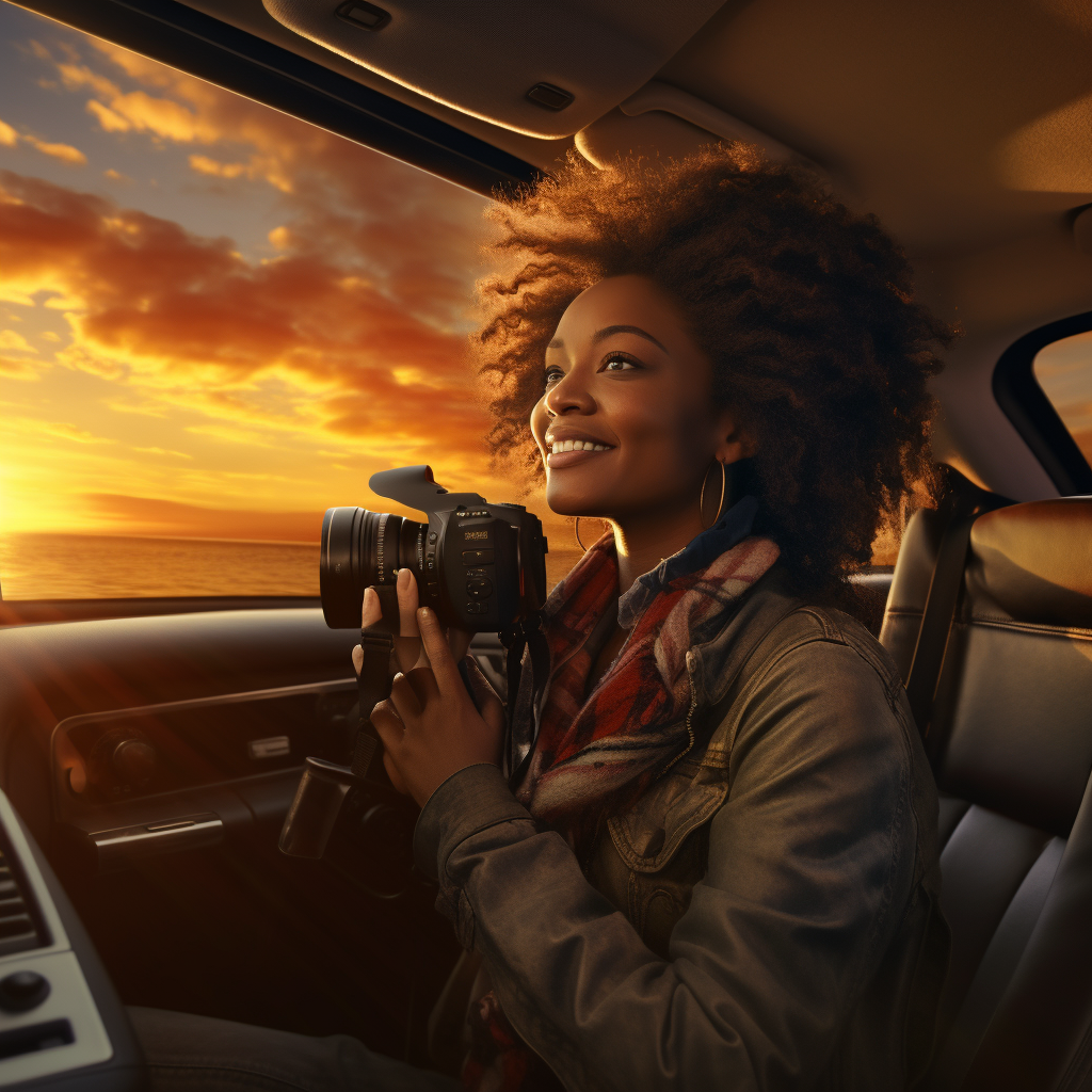 A female photographer in a car