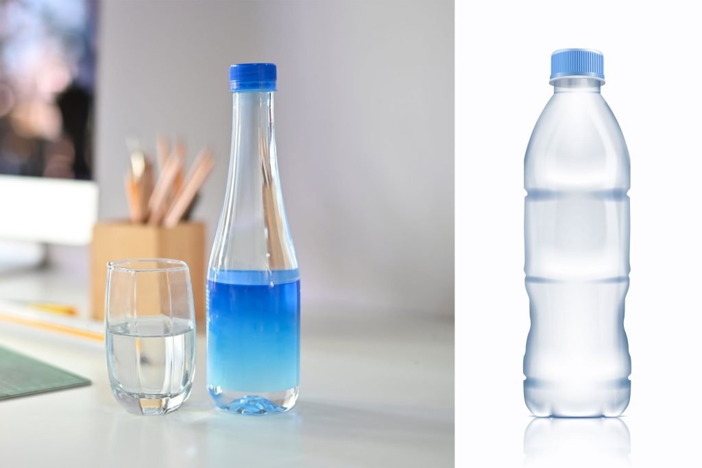 2 contrasting images of bottles of water